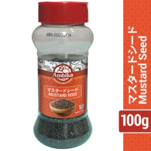 A 100g clear shaker bottle of Ambika Mustard Seeds with a red cap, featuring dark whole seeds inside and an orange label with Japanese and English text.