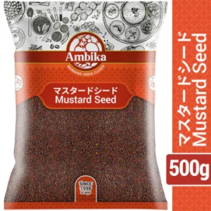 A 500g plastic pouch of Ambika Mustard Seeds with an orange patterned background and dark whole seeds visible through a clear product window.