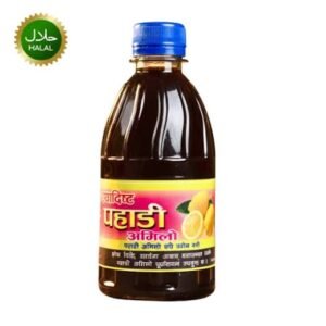 A plastic bottle of Swaadit Pahadi Amilo filled with a dark liquid, featuring a yellow label with Nepali text, lemon illustrations, and a green Halal badge.