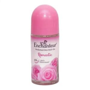 Clear studio shot of a transparent glass Enchanteur Romantic roll-on deodorant bottle with a smooth pink cap and pink rose illustrations on the lower label.