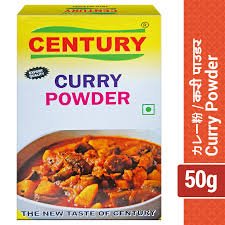 A 50g box of Century Curry Powder spice mix featuring an image of a rich vegetable and meat curry dish on the front.