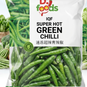 Packaged bag of D Foods IQF super hot green chilli on a retail display shelf.
