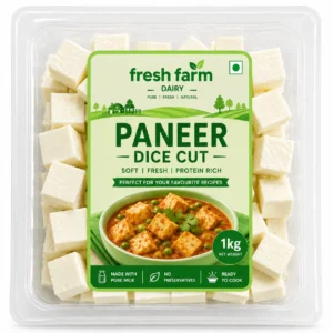 Fresh Farm Paneer Dice Cut 1kg in a clear tray with a green label.