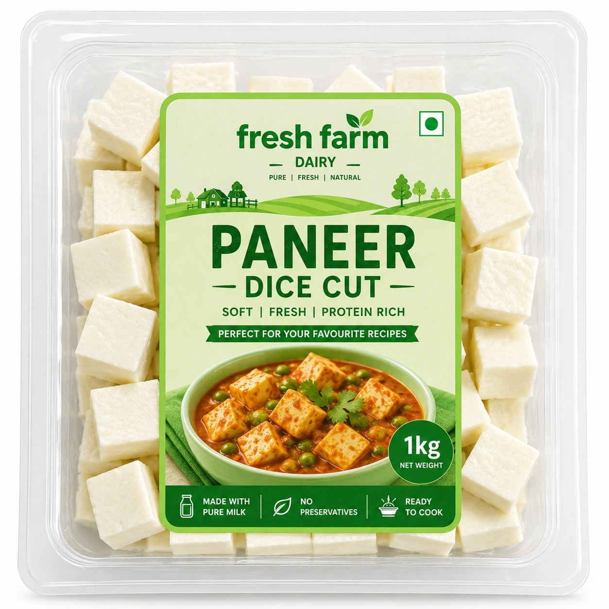 Fresh Farm Paneer Dice Cut 1kg