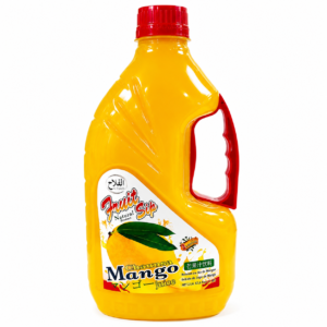 Front view of a 2-liter plastic jug of Fruit Sip Chaunsa Mango Juice with a red handle, featuring a vibrant label with images of a fresh mango and text in English and Japanese