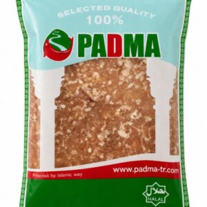 Front view of a clear plastic PADMA brand bag filled with 1kg of frozen ground chicken mince, featuring a white text label and a green Halal certification logo at the bottom right.