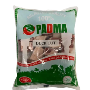 Close-up of a white and green PADMA brand plastic bag labeled Duck Cut, with a clear center window showing frozen bone-in meat pieces and a small Halal logo at the bottom right.