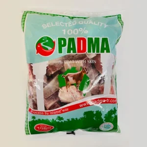 Front view of a light blue and green PADMA brand plastic bag labeled 100% Goat With Skin, featuring a picture of a goat in the center and a clear window showing frozen bone-in meat cuts.