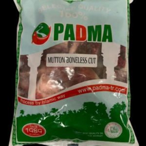 Front view of a white and green PADMA brand bag labeled Mutton Boneless Cut, featuring a clear window showing frozen red meat and a Halal logo at the bottom right.