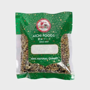 A clear plastic bag of Aichi Foods Mixed Spices with green top and bottom packaging borders, displaying the whole spice mix inside.