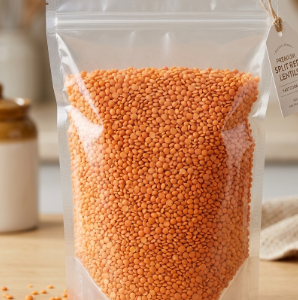 A vertical clean transparent stand up zipper pouch bag filled entirely with raw unpolished split red lentils masoor dal on a kitchen background.