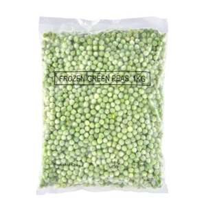 A clear, transparent plastic bag filled with one kilogram of vibrant frozen green peas.