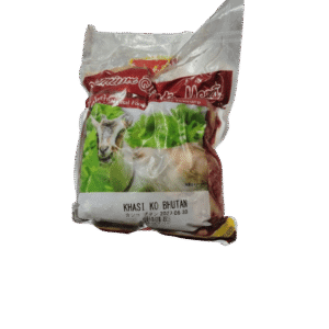 Front view of a clear plastic Premium Quality Meat bag containing frozen goat tripe labeled Khasi Ko Bhutan, featuring an image of a goat in a green field and a white product sticker at the bottom.